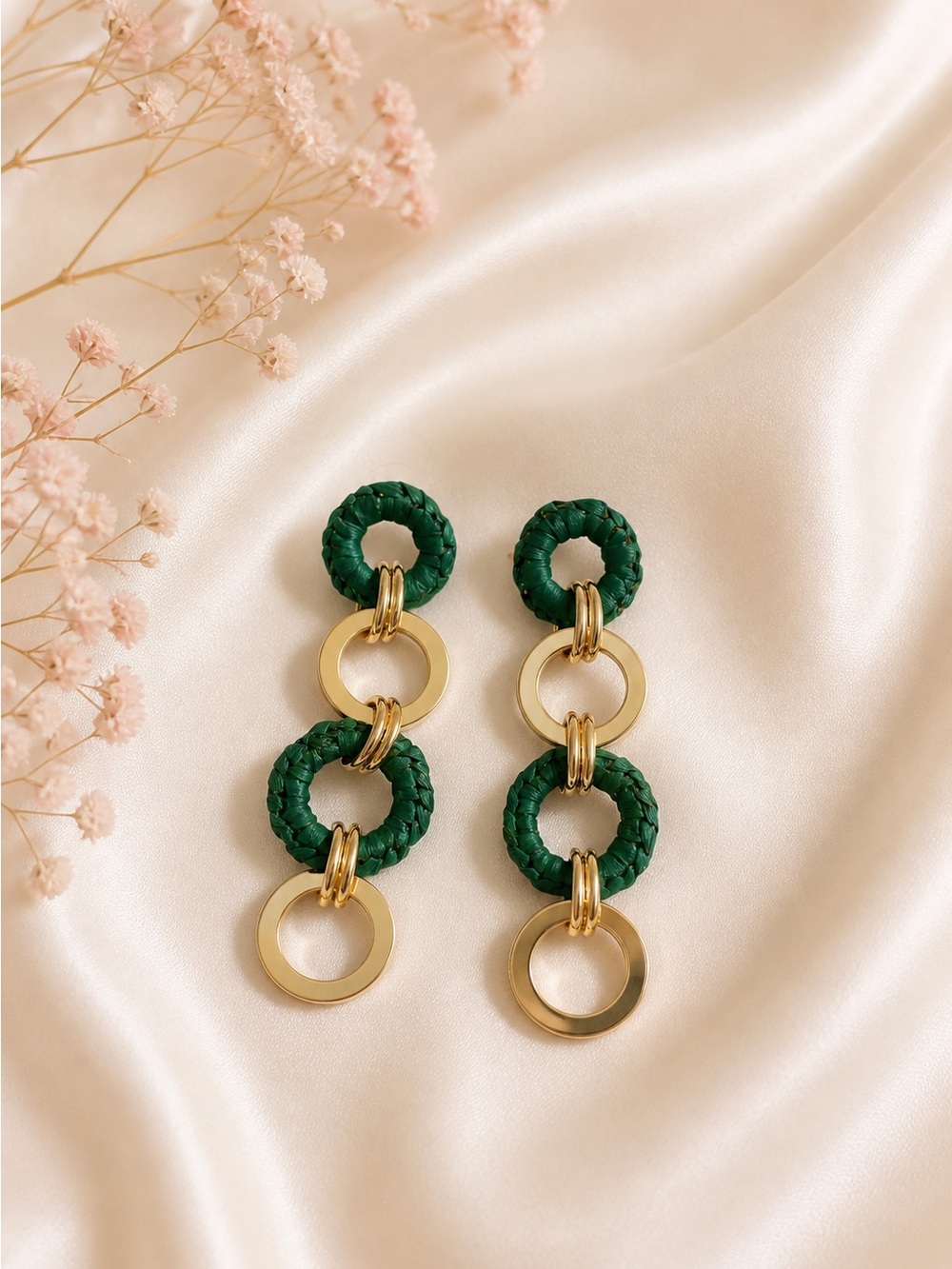 Green Braided Hoop Drop Earrings with Gold Rings